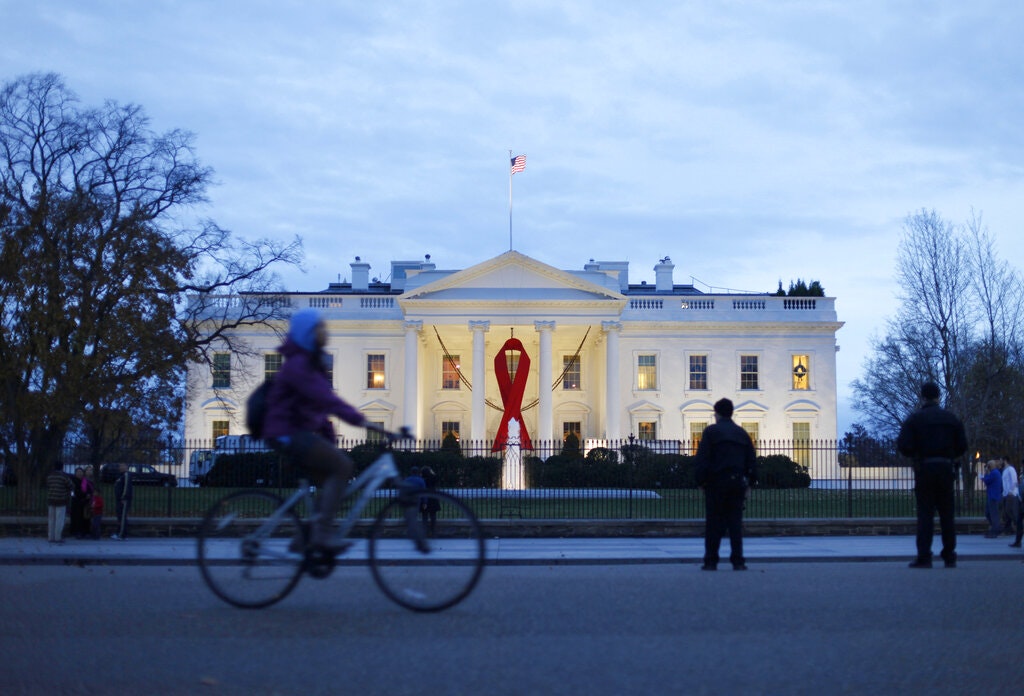 Red ribbon hanging from the North Portico of the White House