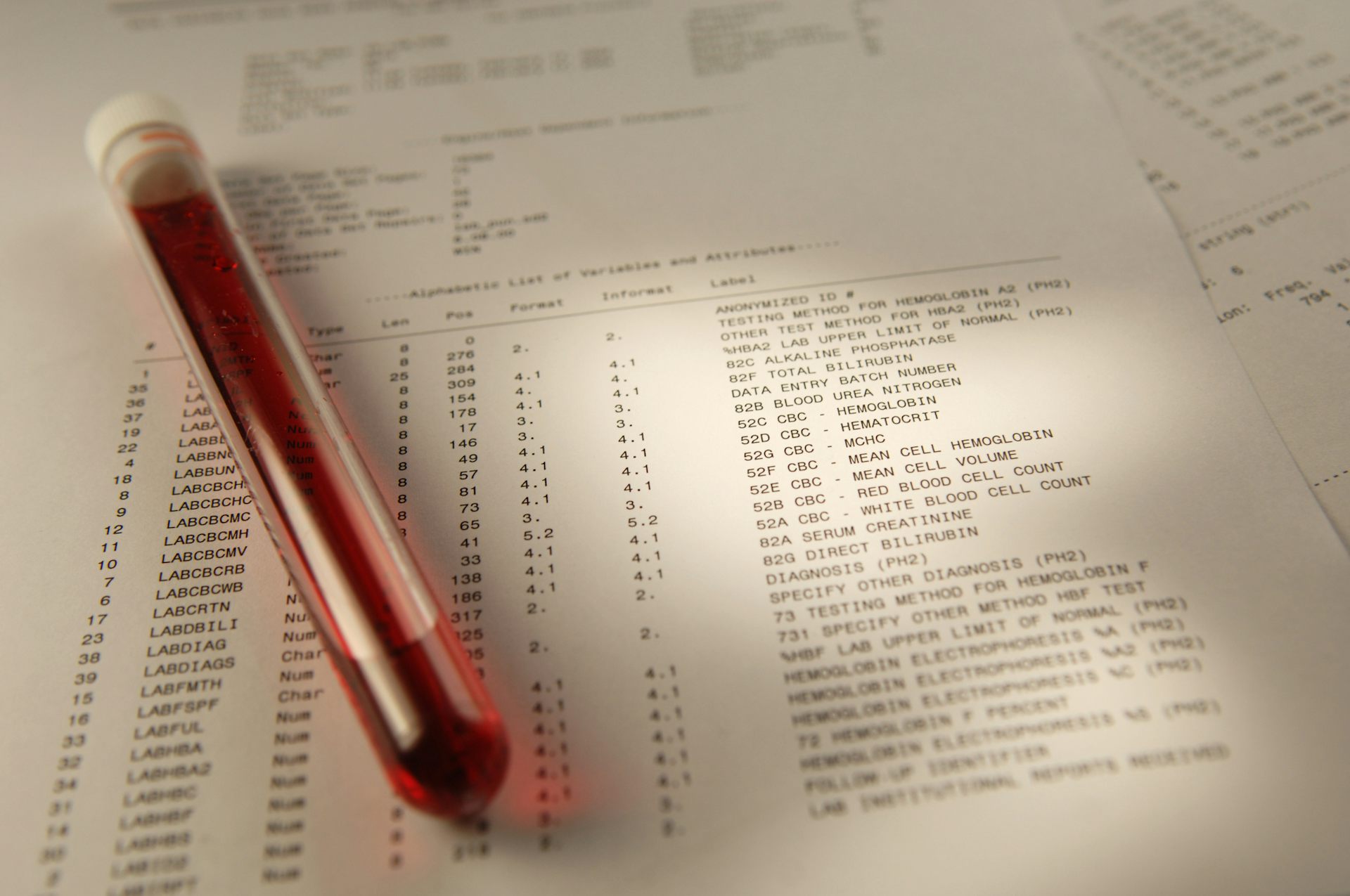 Blood tube on top of print out of lab results